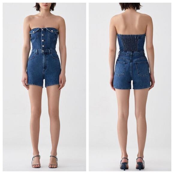 NEW Agolde Sandy Strapless All-In-One Denim Shorts / Romper (Sz 10) Remedy - Picture 2 of 11